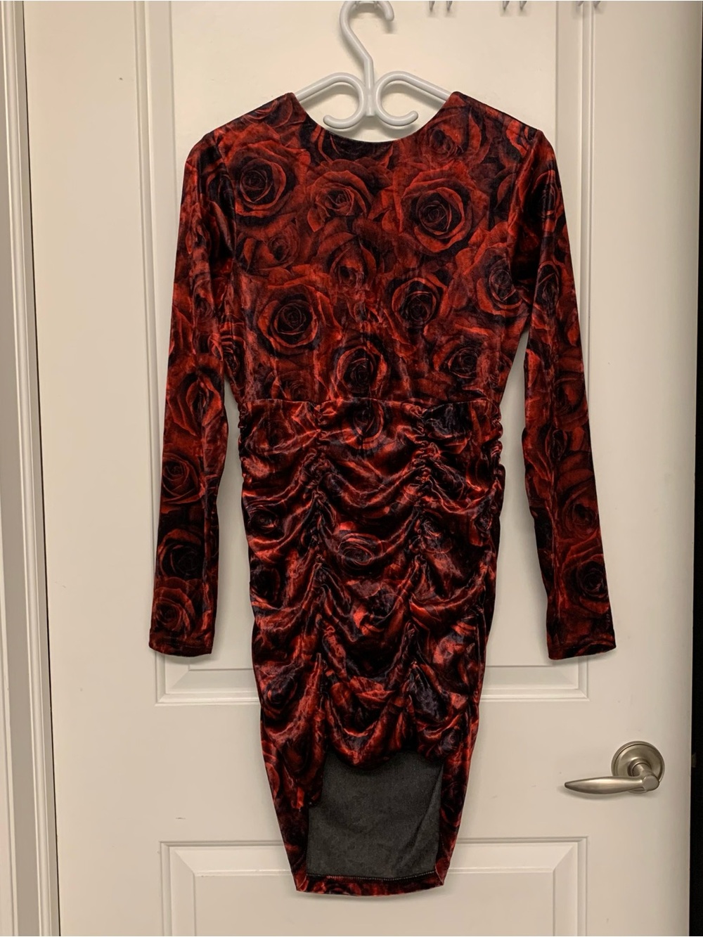 Red Rose Velvet Mini Dress M AOP Bodycon Ruched Open Back Dark Floral Whimsigoth